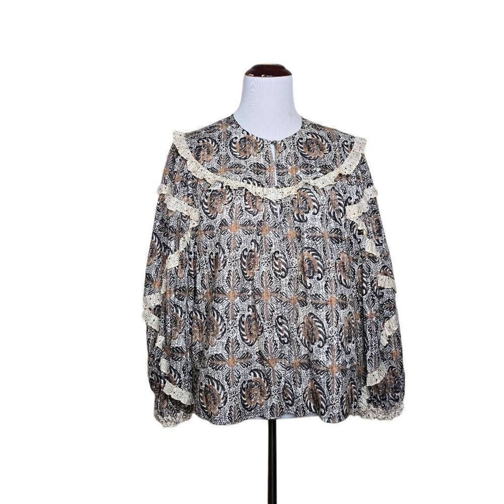 Ulla Johnson Edith Blouse Boho Paisley Ruffle Pleated Long Sleeve Sz 6